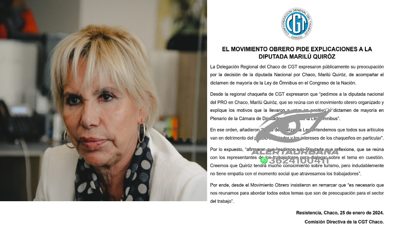 La CGT – CHACO pide explicaciones a la diputada Marilú Quiróz