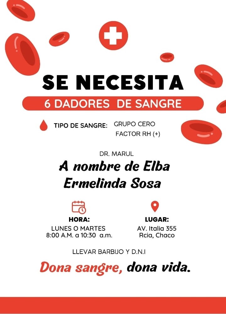   Pedido de donación de sangre para quien debe operarse la cadera