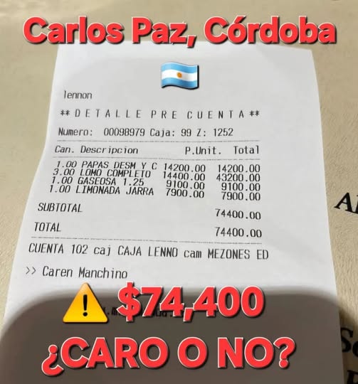 La sorpresa de una familia al pagar la cuenta en Carlos Paz: más de 74 mil pesos un almuerzo para tres personas