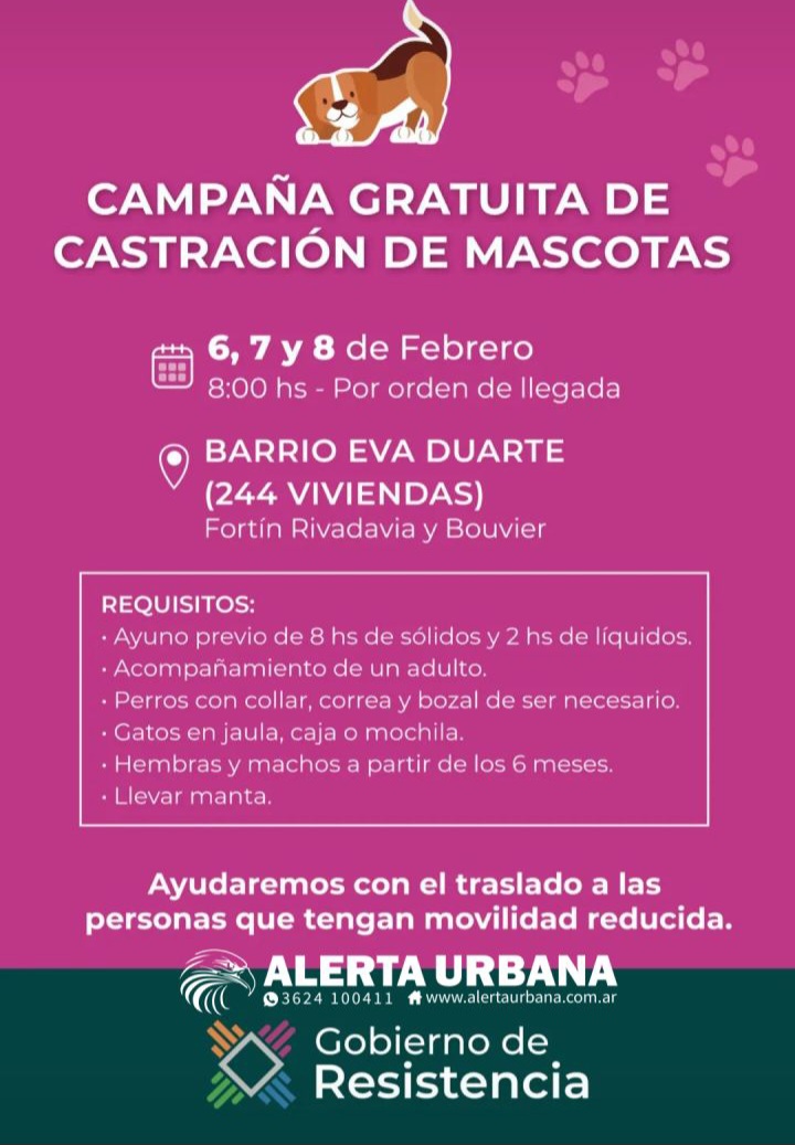El programa de castración gratuita de mascotas estará este 7 y 8 en el B° Eva Duarte-Resistencia
