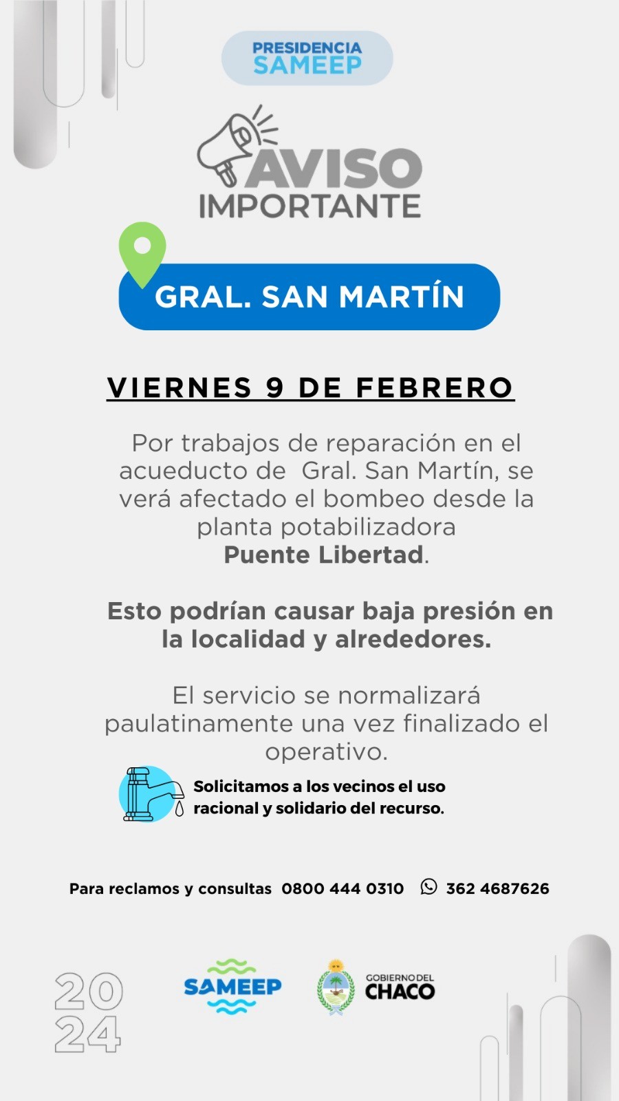 ¡Atención familias de San Martín! Baja presión de agua potable por reparaciones en el acueducto