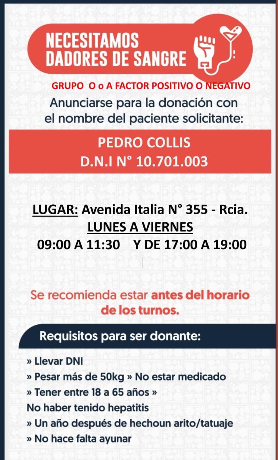 Urgente: Se buscan 10 dadores de sangre para el Sr. Pedro Collis