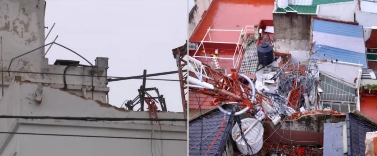 Temporal en Buenos Aires: una antena de 20 metros se cayó y destrozó el techo de dos casas