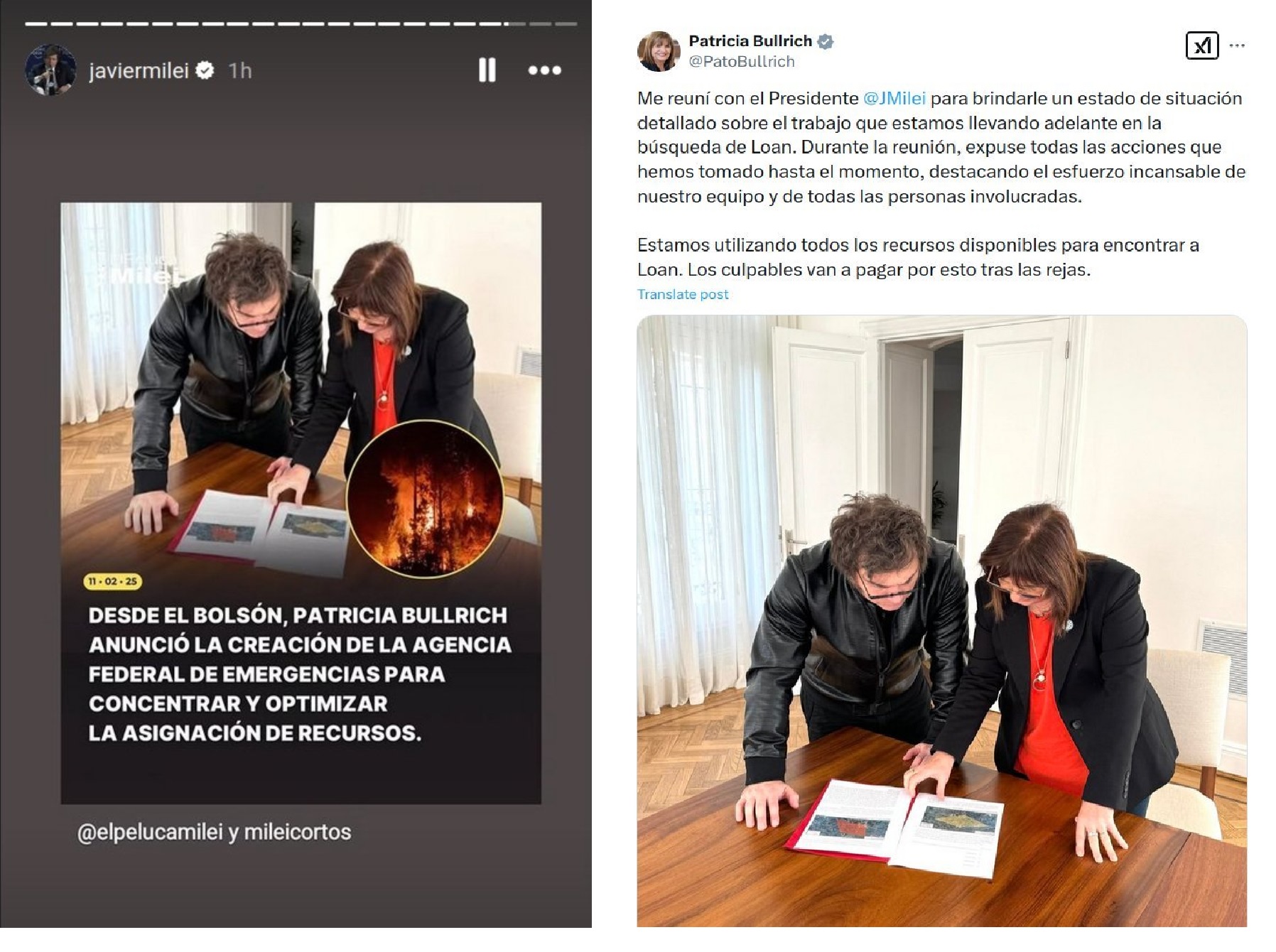 Milei quiso mostrar trabajo ante los incendios pero posteó una foto vieja con Bullrich de cuando buscaban a Loan