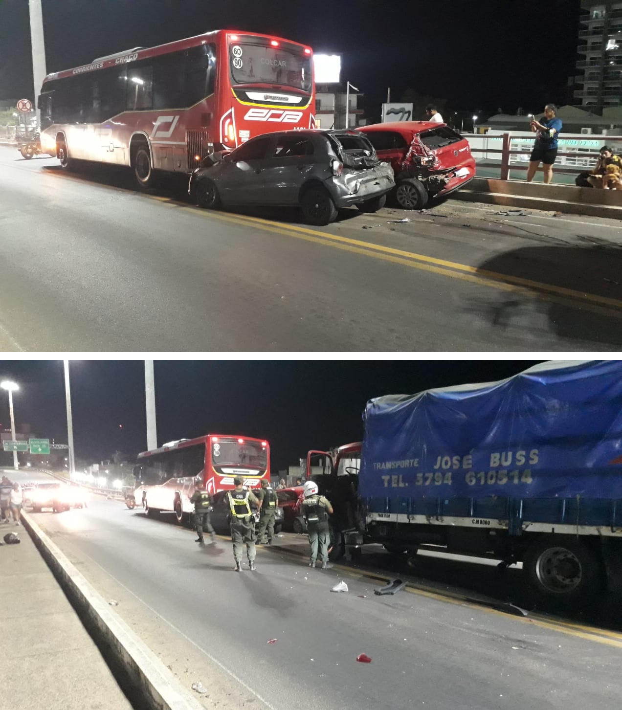 Otro choque en el puente y van…: dos autos impactaron contra un colectivo y un camión 