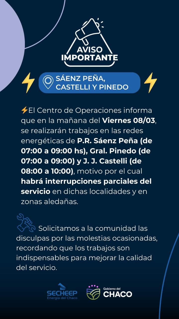 Sáenz Peña: Secheep informa que habrá interrupción parcial del servicio por mantenimiento este viernes