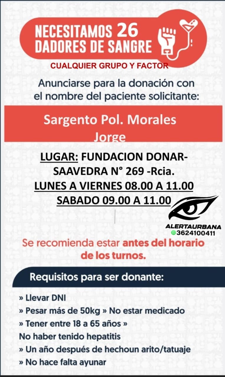 URGENTE: se necesita 26 dadores de sangre para el Sargento de Policía Jorge Morales