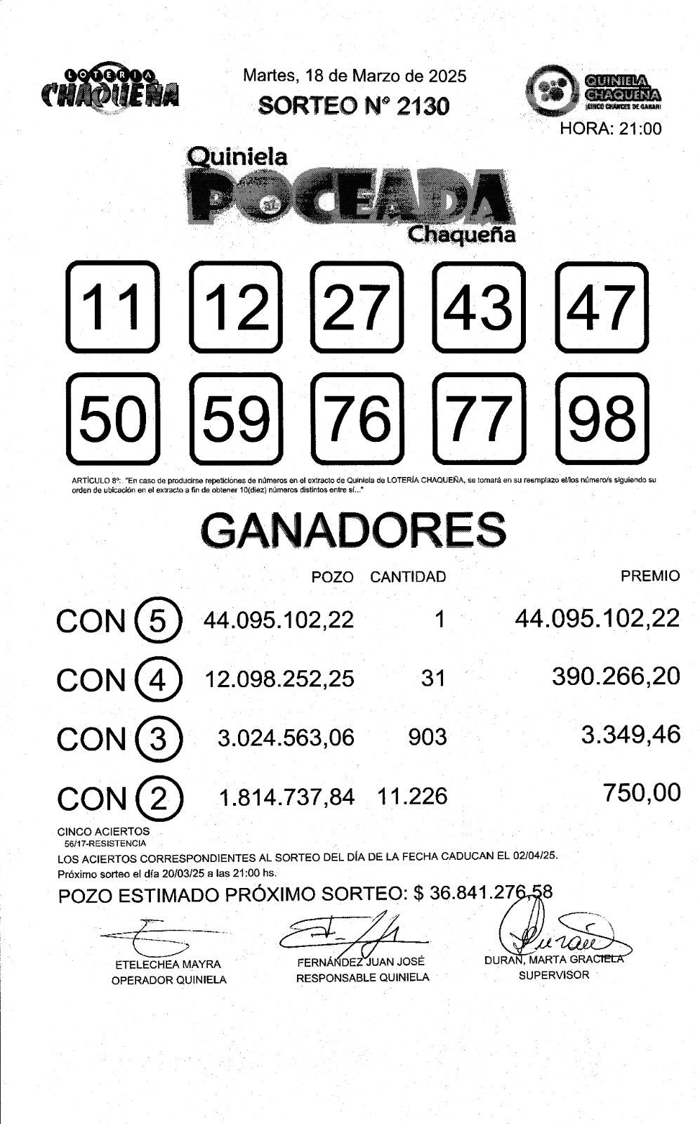 Un ganador para los 44 millones de pesos de la Poceada