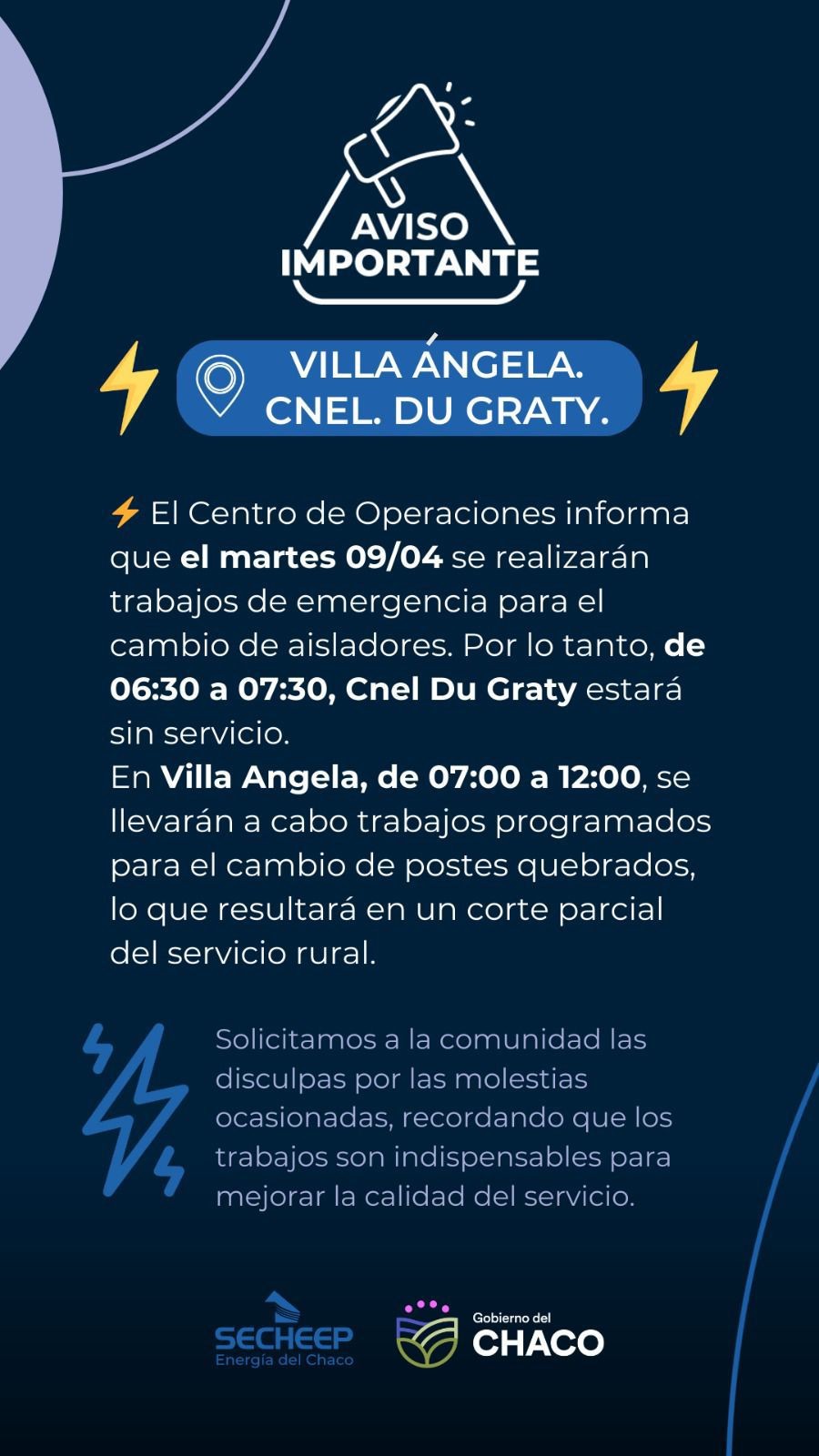 Secheep advierte una hora de corte por trabajos de emergencias en Villa Ángela y Coronel Du Graty