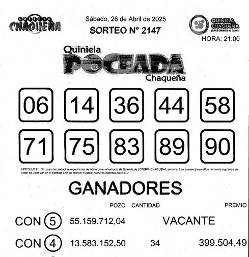 Quedó vacante el premio mayor de La Poceada