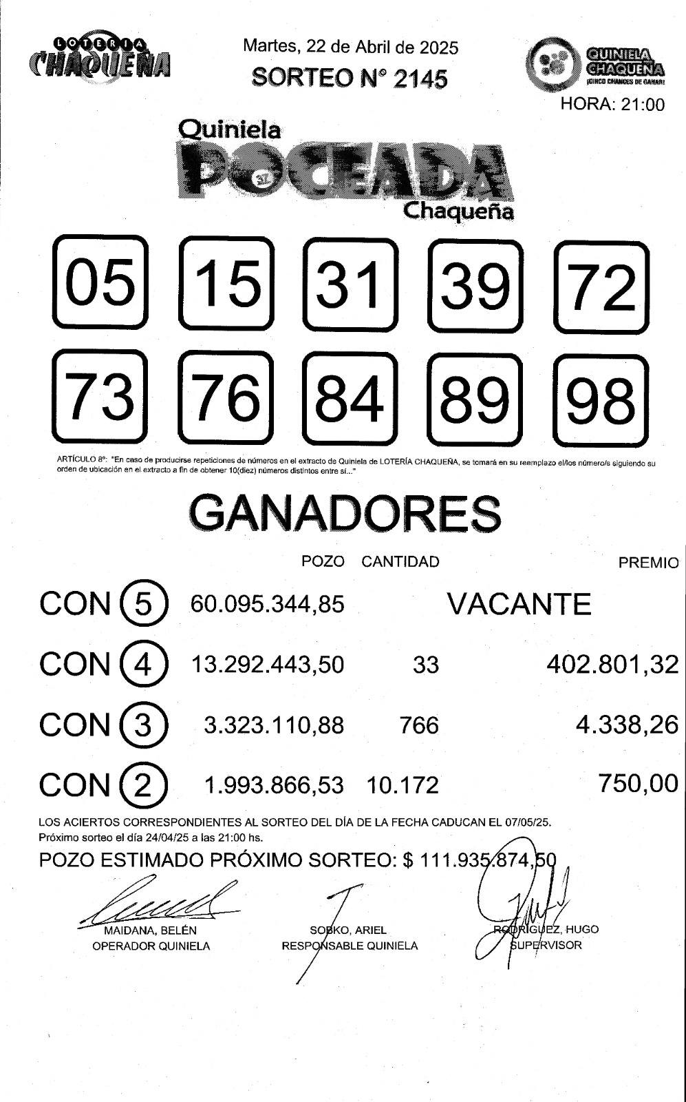 Martes sin ganadores en la Poceada