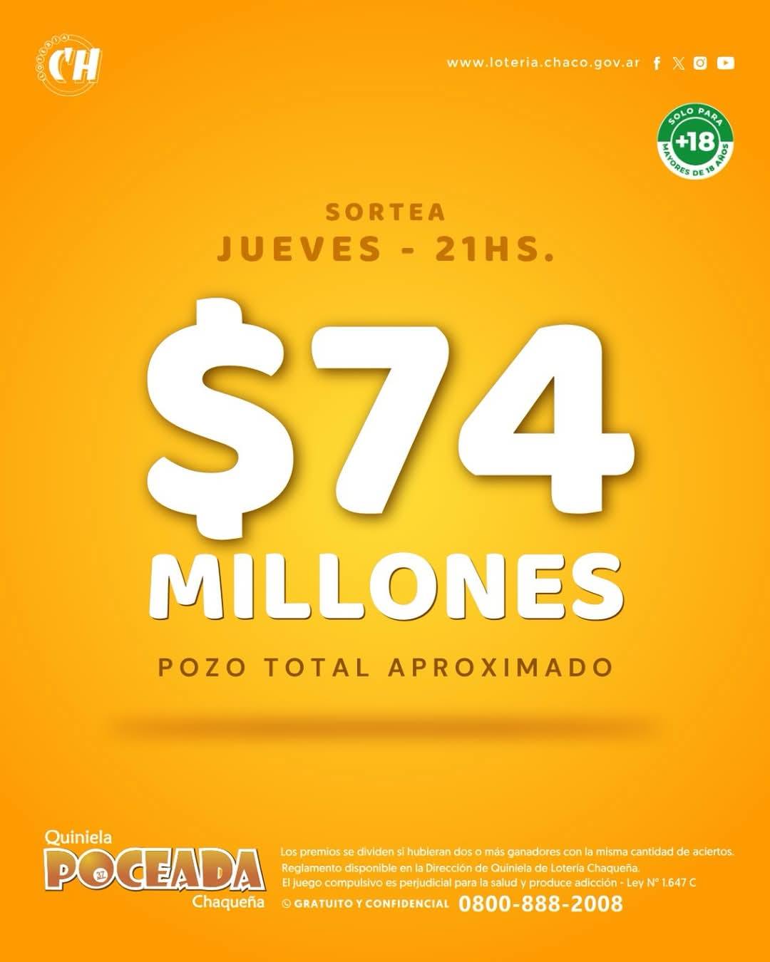 La Poceada sortea $ 74 millones este jueves