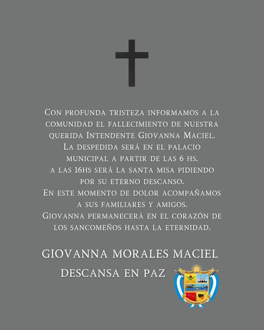 Corrientes: falleció Giovanna Morales Maciel, intendente de San Cosme 