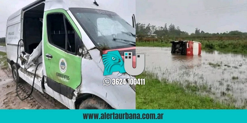 San Luis del Palmar: Una ambulancia volcó después de que el conductor intentó esquivar a una moto