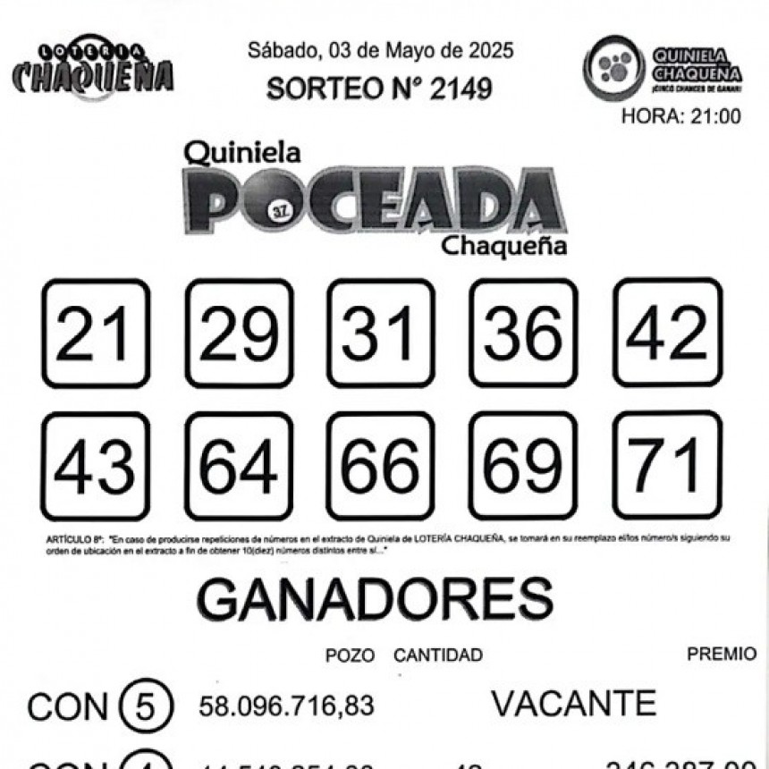 La Poceada acumula un premio de $114 millones para el martes