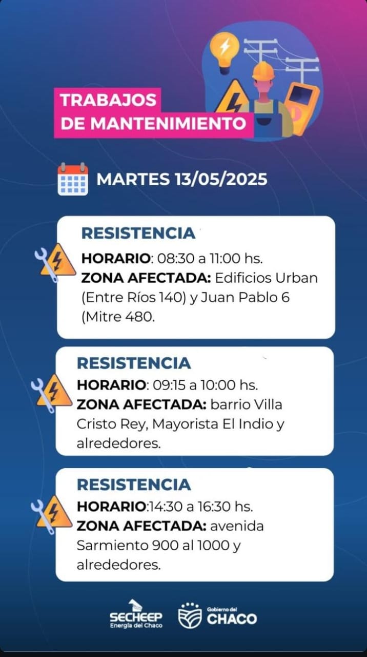 Secheep realiza hoy trabajos de mantenimiento programados en Resistencia: zonas y horarios afectados