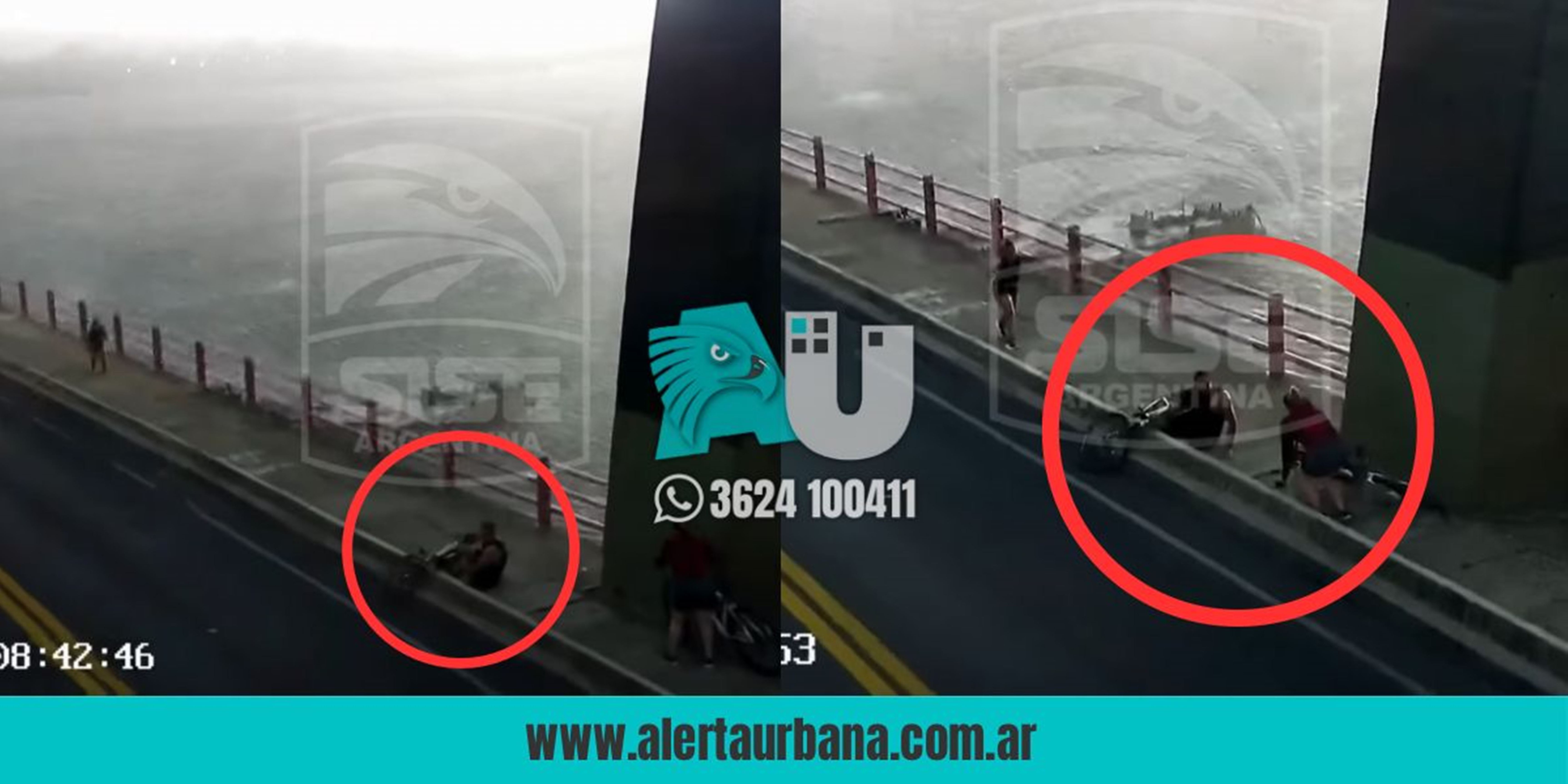 Imágenes virales: el viento los volteó de sus bicis cuando cruzaban el puente