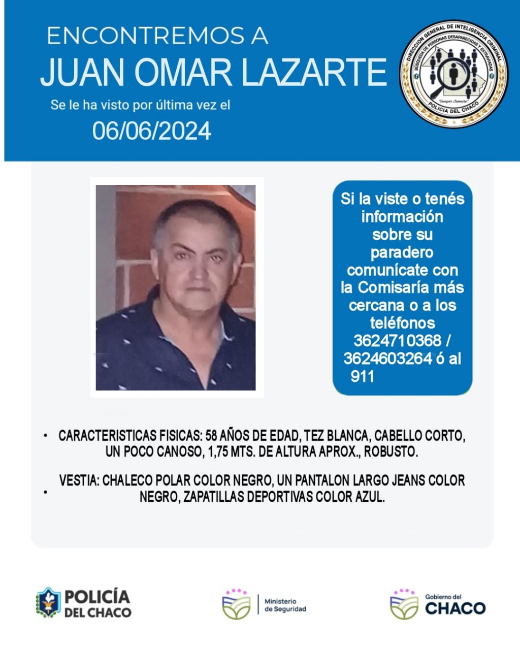 Resistencia - Urgente: desesperada búsqueda de un remisero; Juan Lazarte de 58 años, hallan su automóvil en calle José Mármol N° 1000
