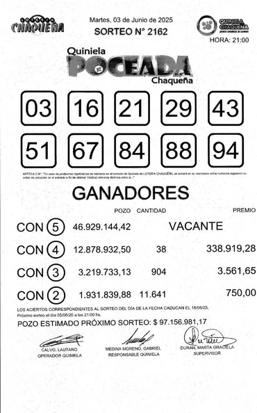    Sin dueño: no salió la Poceada y sorteará $ 97 millones este jueves