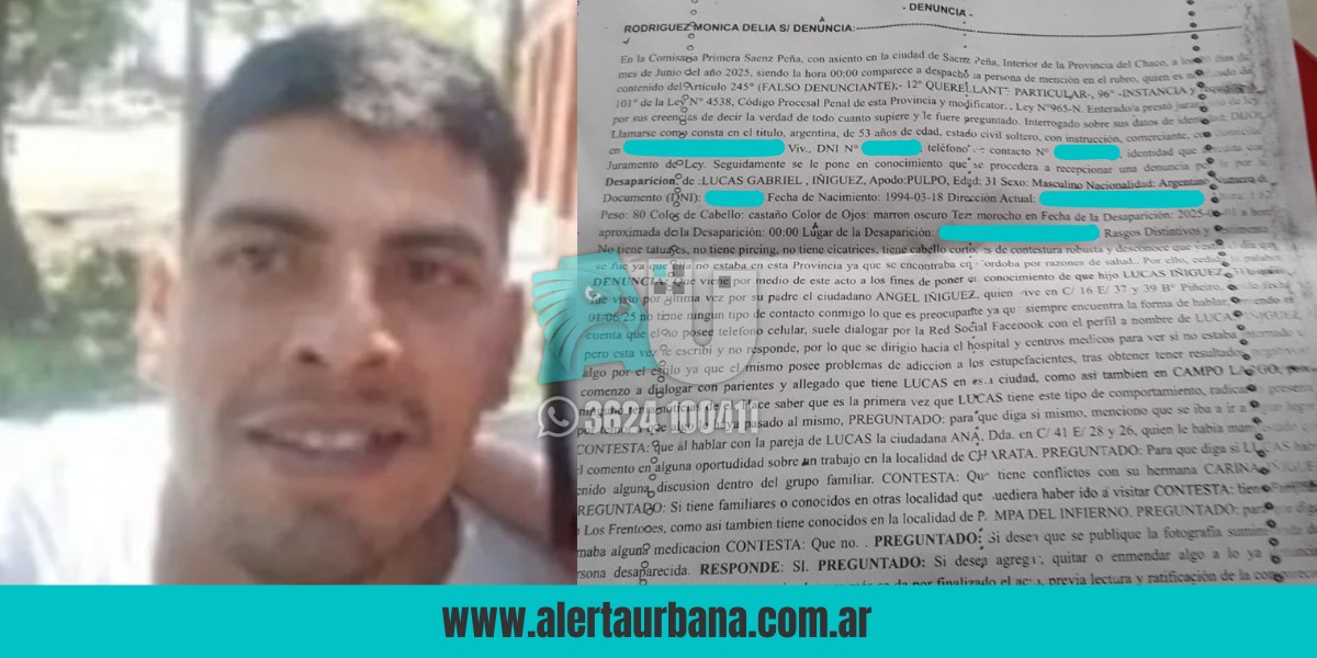   Sáenz Peña: desesperada búsqueda de Lucas Iñiguez, visto por última vez hace 20 días