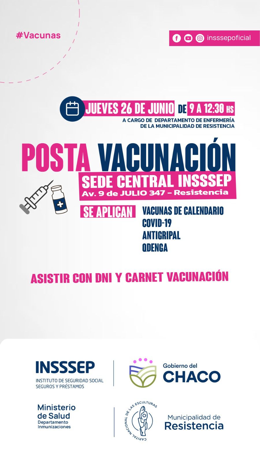 Este jueves habrá posta de vacunación en la sede central del INSSSEP