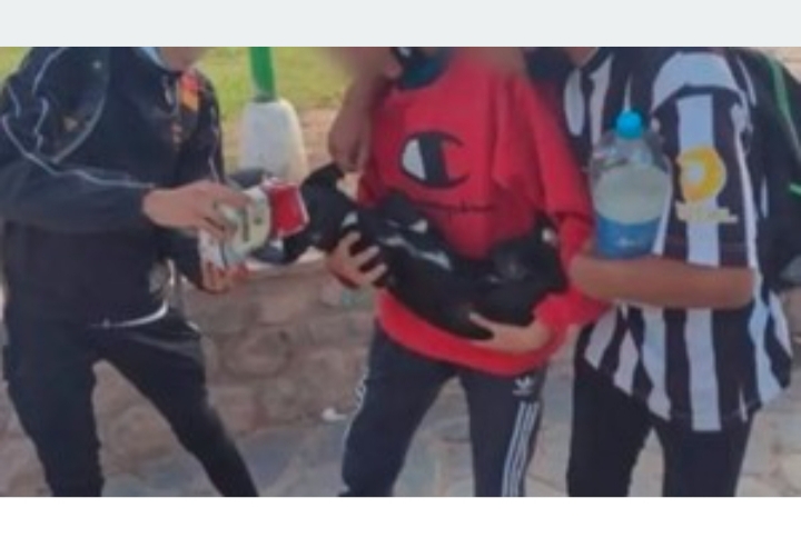 Bronca en las redes sociales por una foto de tres jóvenes que le dan vino a un perro