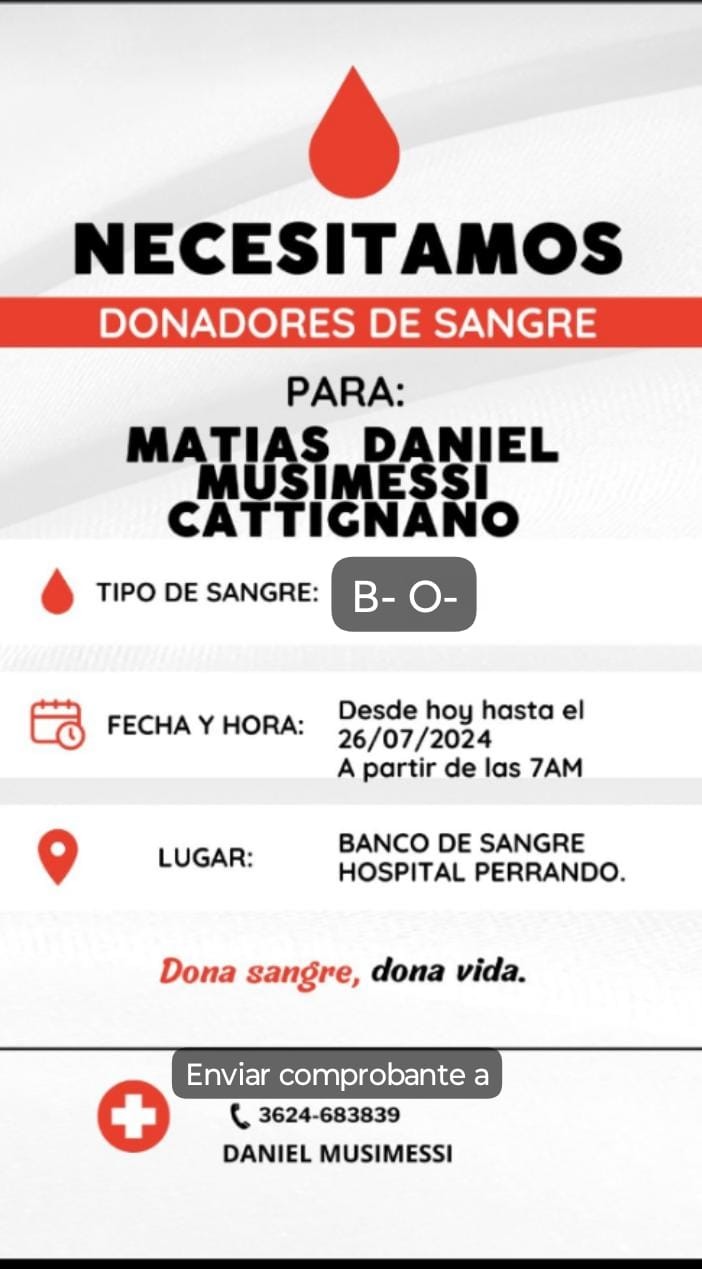 Urgente: se busca dadores de sangre para Matías Daniel Musimessi Cattignano