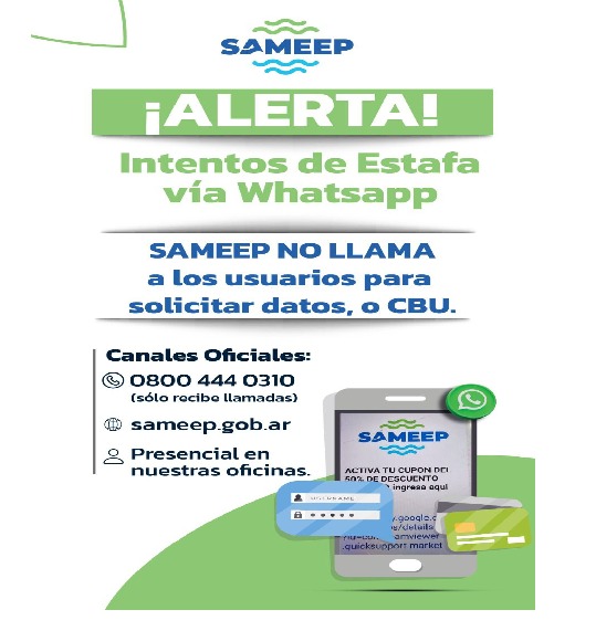 Sameep vuelve a alertar sobre intentos de estafas vía WhatsApp 