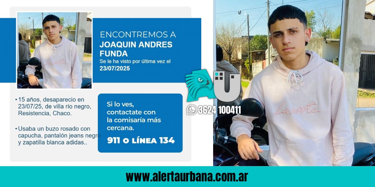 Buscan a Joaquín Andrés Funda, adolescente desaparecido en Villa Río Negro