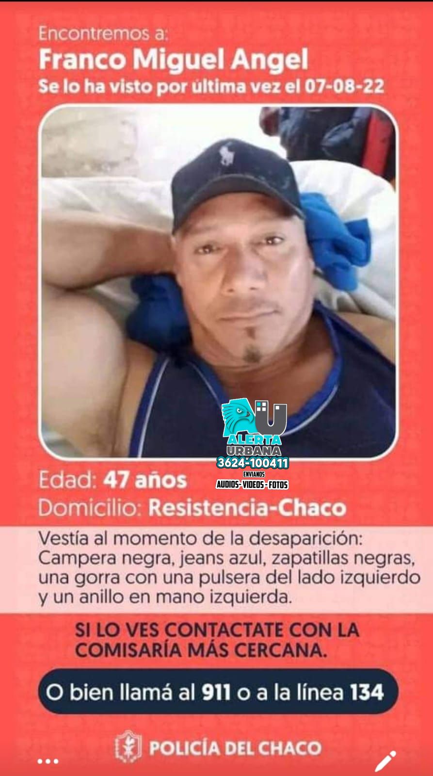 La Policía del Chaco, busca al ciudadano Miguel Ángel Franco 