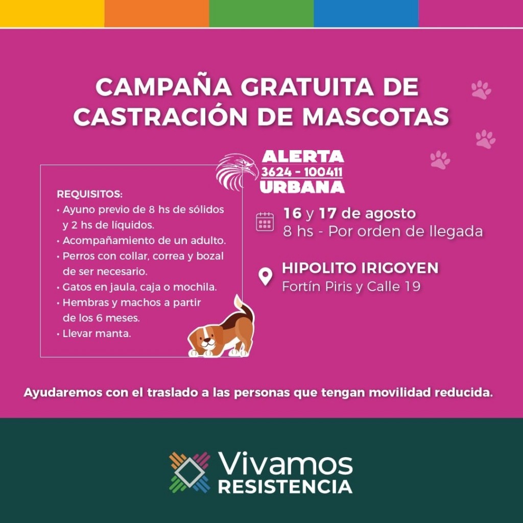 El martes 16 continuará la campaña gratuita de castración de mascotas en el barrio Hipólito Irigoyen