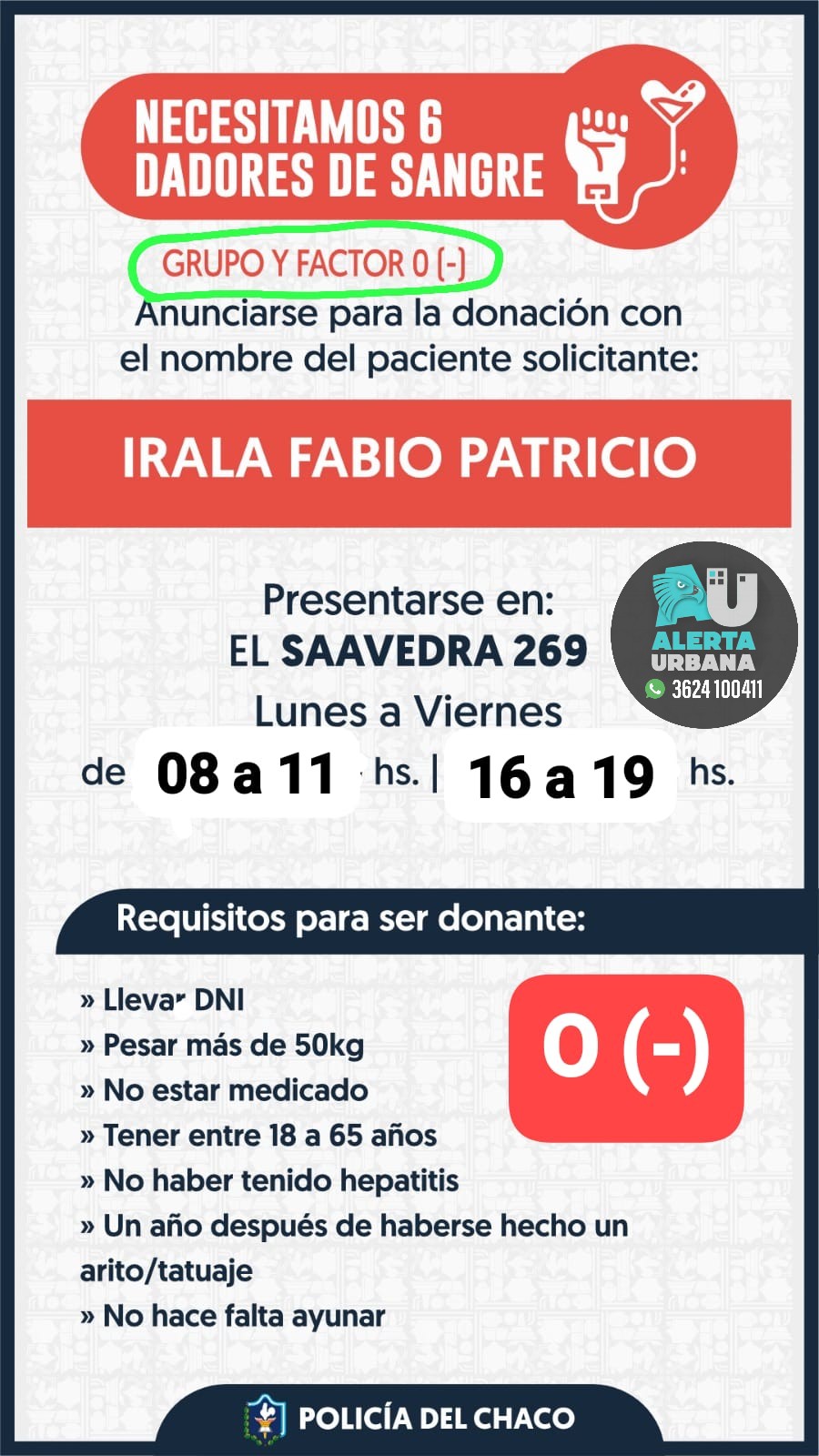 ¡Urgente!: Se necesita 6 dadores de sangre para el Sr. Fabio Patricio Irala 
