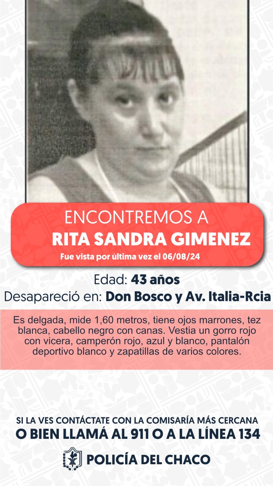 Buscan a Rita Giménez, vista por última vez a metros de la Municipalidad