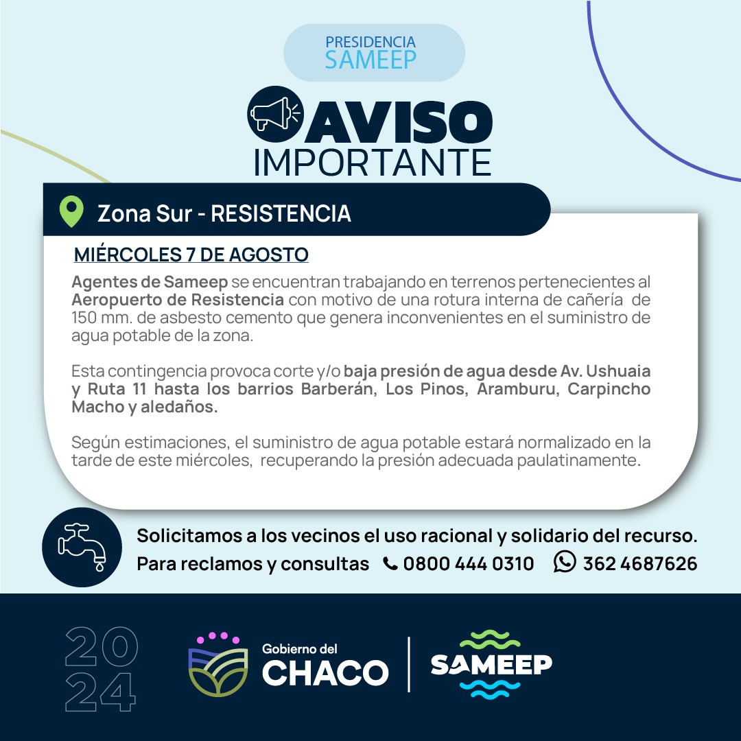 Hay servicio restringido de agua potable en algunos barrios de Resistencia 