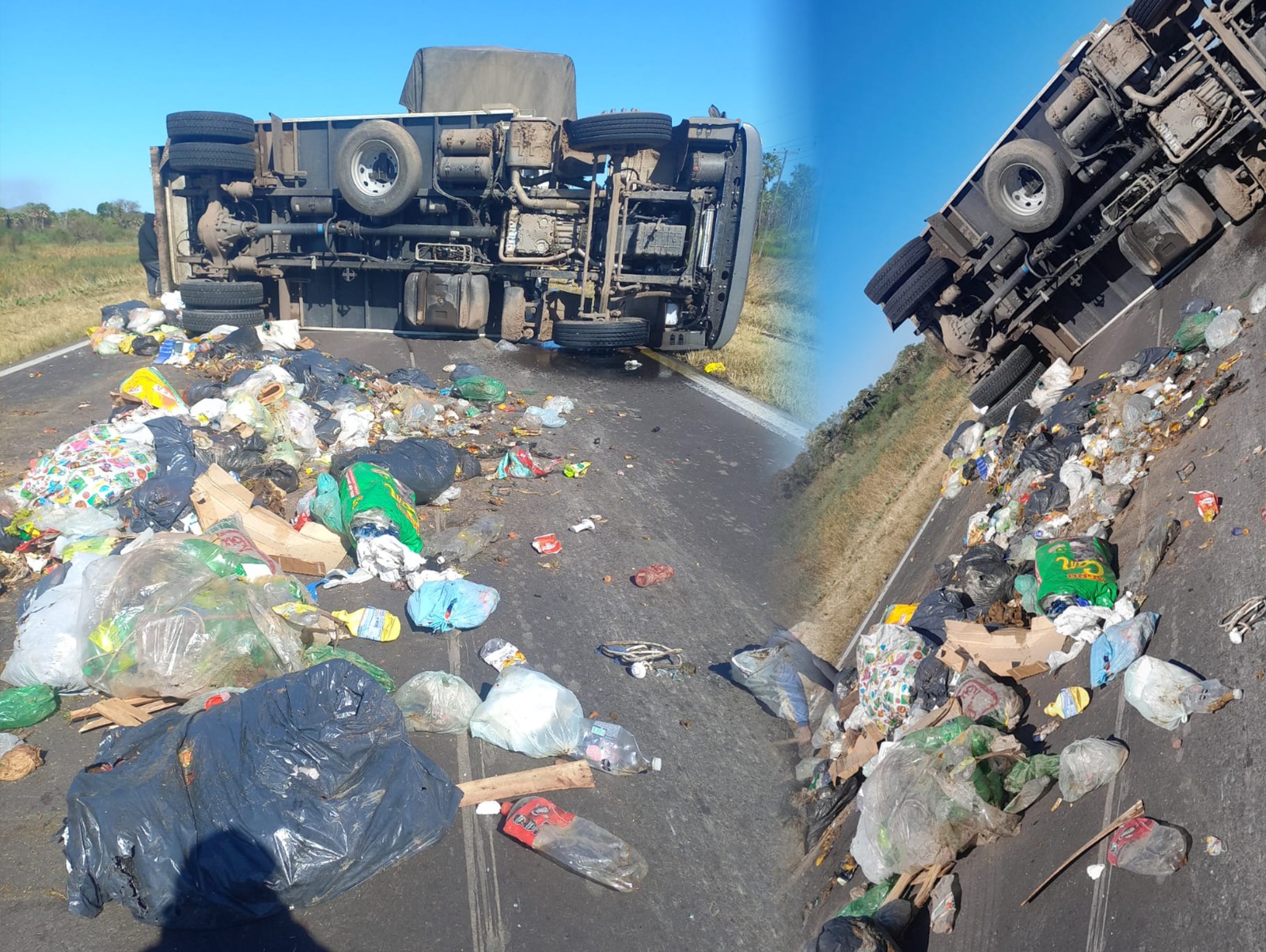 Espectacular vuelco de recolector en la ruta 11: la basura terminó desparramada en el asfalto
