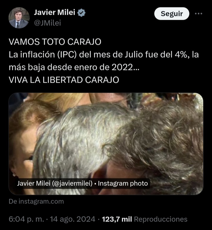 Javier Milei celebró el último dato de inflación y felicitó a Luis Caputo: 