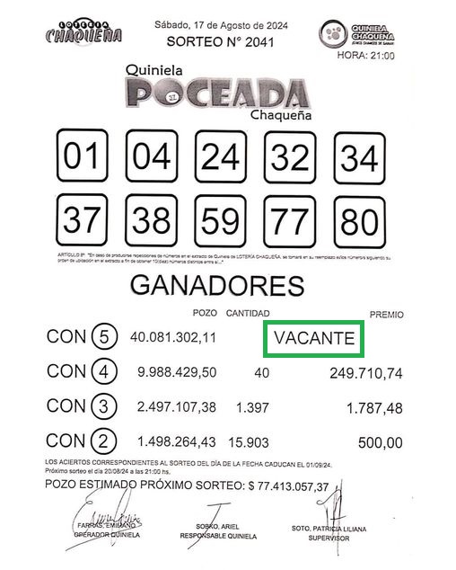 La Poceada quedó vacante y el pozo para el martes es más que tentador