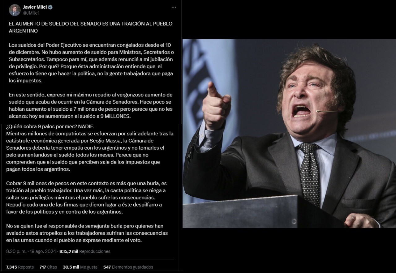  Milei contra el autoaumento que se dieron senadores: “Nadie cobra 9 palos al mes”