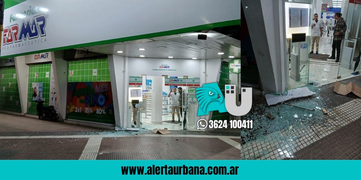 El fuerte viento provocó la rotura de vidrios de una farmacia a metros de la plaza 25 de Mayo