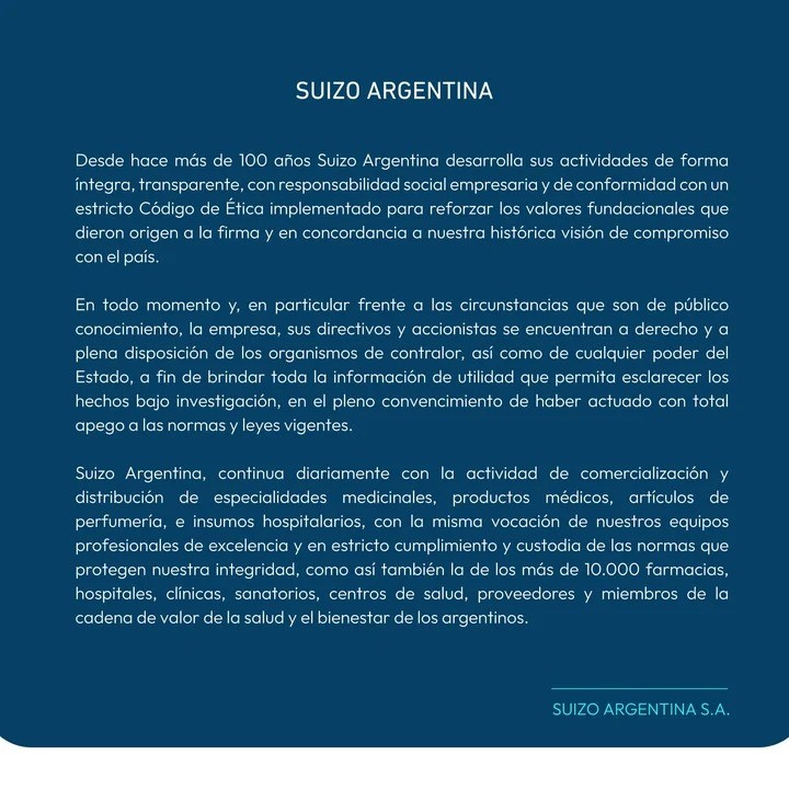Milei se expresa por la acusación de coimas: compartió un texto de la droguería sospechada