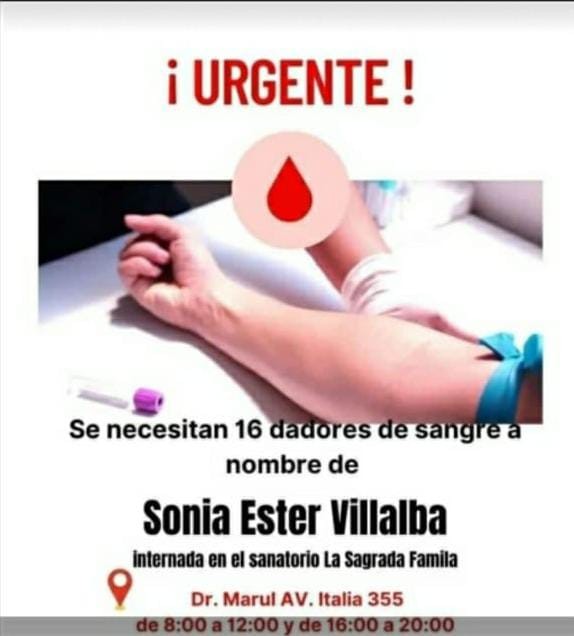 Urgente: se necesita dadores de sangre a nombre de Sonia Ester Villalba