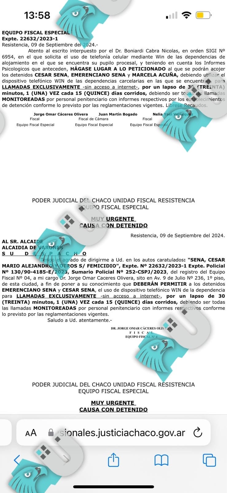  Caso Cecilia: habilitan el uso de celulares para el clan Sena