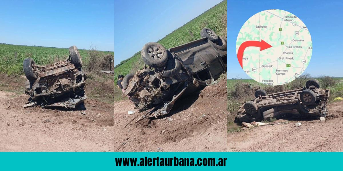 Agricultor con heridas leves tras volcar su camioneta en un camino rural de Pinedo