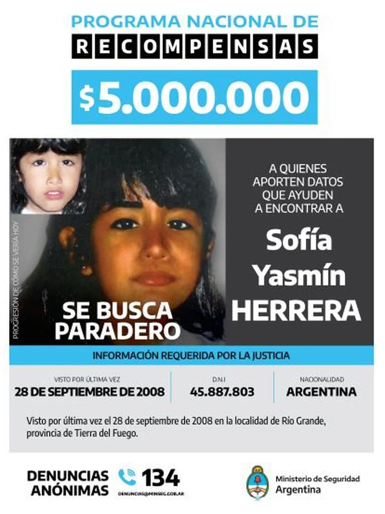 Aumentan a 5 millones de pesos la recompensa para quienes brinden datos sobre el paradero de Sofía Herrera
