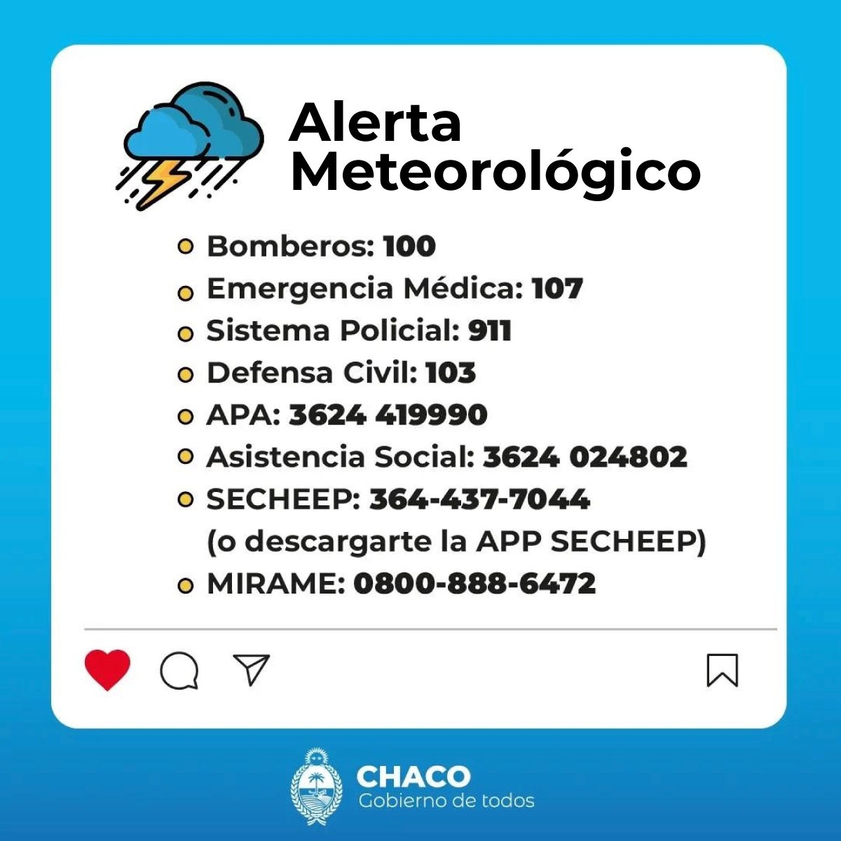 Chaco Gran parte de la provincia con alerta amarilla por