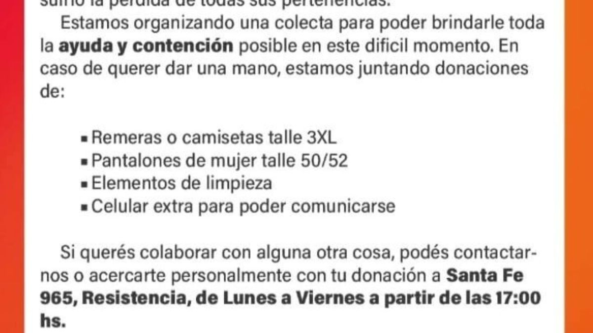 Organizan una colecta solidaria para ayudar a una víctima del incendio de su hogar