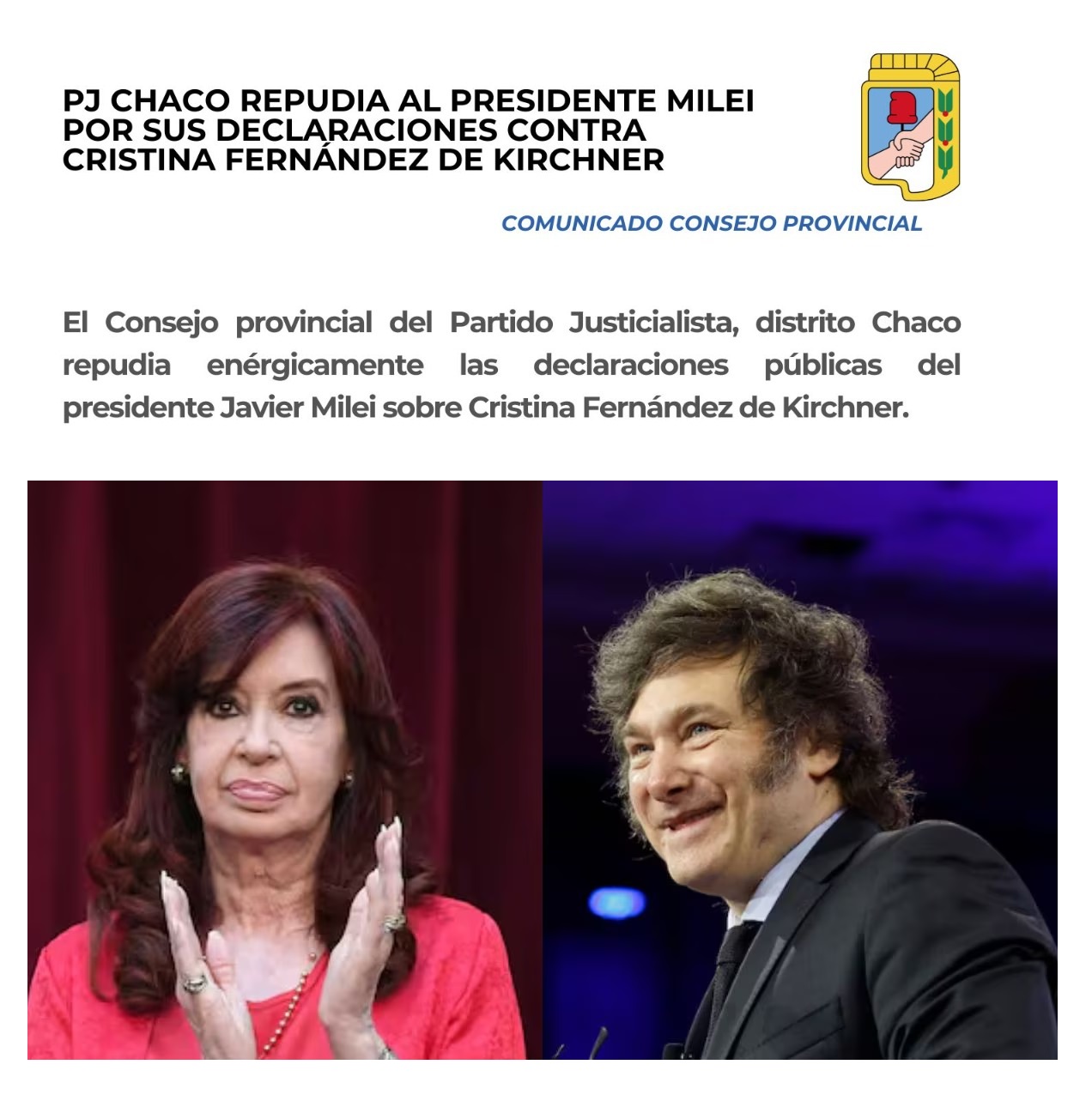 Repudio del PJ Chaco a los dichos de Milei contra Cristina