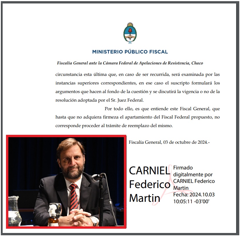 El fiscal general Carniel respaldó a Sabadini y apuntó contra Mianovich por “arrogarse funciones que le son ajenas”