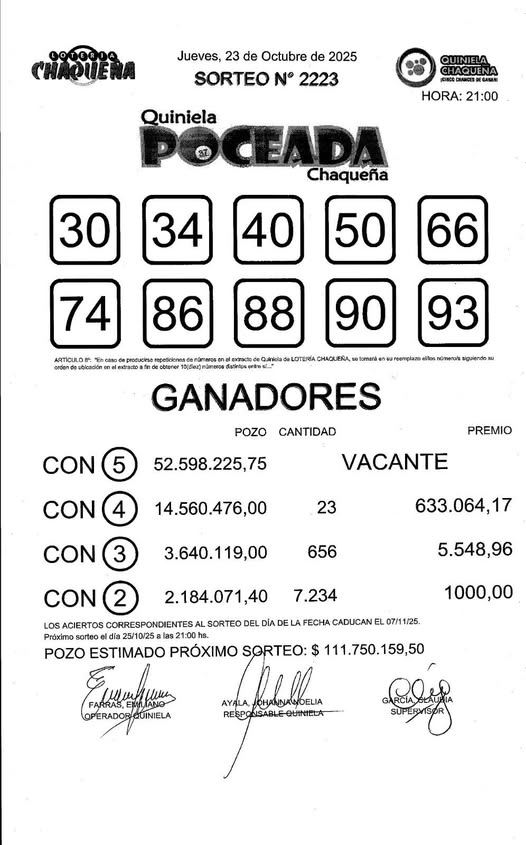 Sin afortunados: Poceada vacante y $ 111 millones este sábado