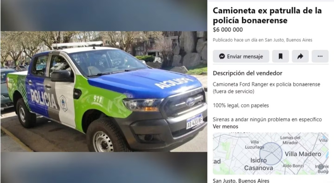 Insólito: venden un patrullero de la Policía Bonaerense por Facebook